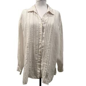 Liz Claiborne 100% Linen White  Button Up Long Sleeve Shirt Large Quiet Luxury